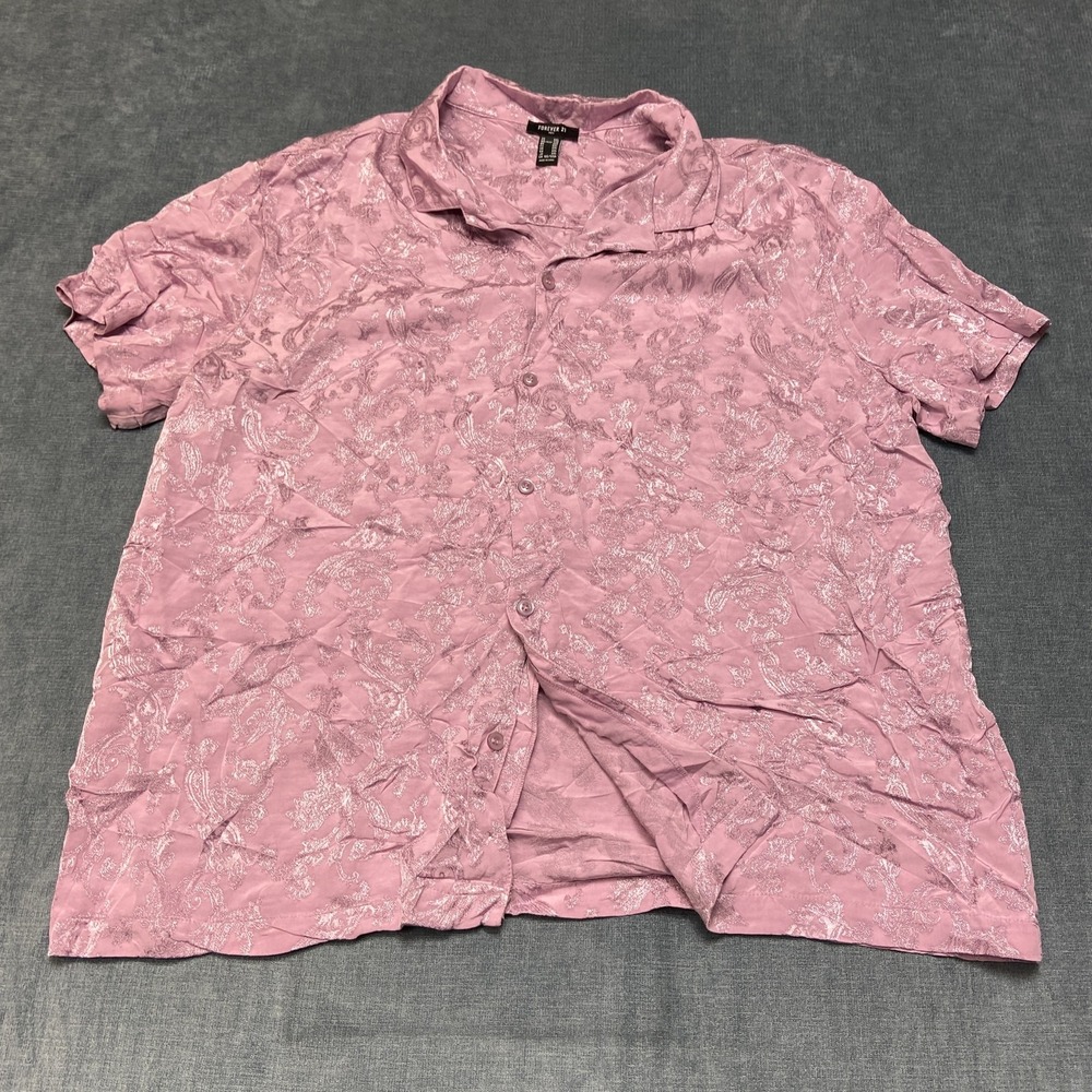 Forever 21 Shirt Mens 2XL Dark Pink Jacquard Paisley Rayon Casual Button Up